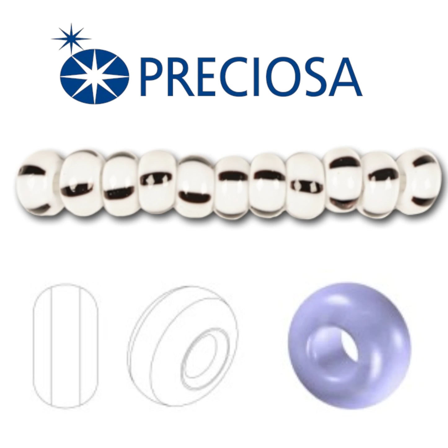 10/0 03590 Preciosa Tsjekkiske glass små perler Rocailleperler 2.3mm. Hvit svart ugjennomsiktig stripete.