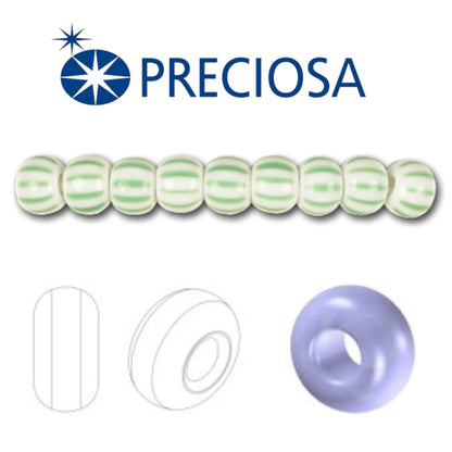 10/0 03851 Preciosa Czech Glass Koraliki Rocailles 2.3mm. Białe Zielone Nieprzezroczyste Pasiaste.