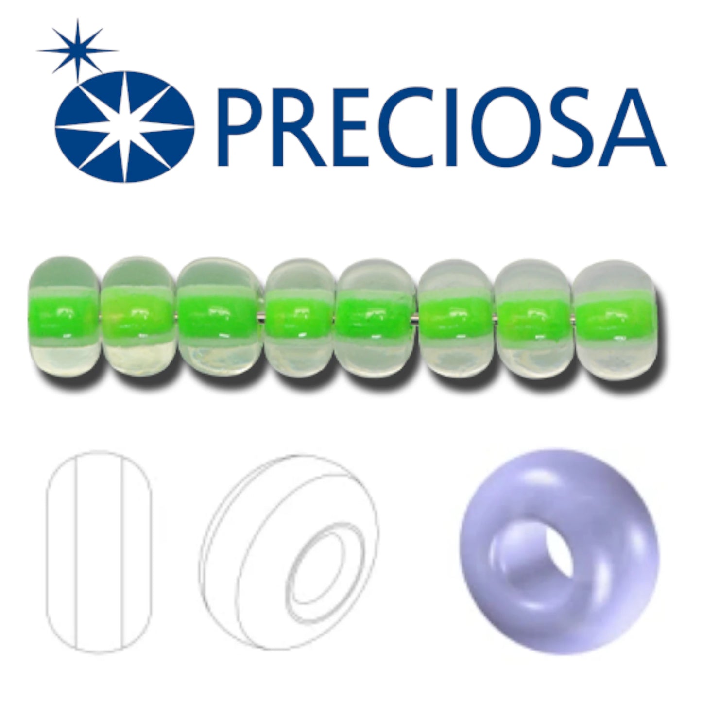 2/0 08756 Preciosa Tsjechisch glas Kralen Rocaillekralen 6.1mm. Kristal, Neon groen met lijn.