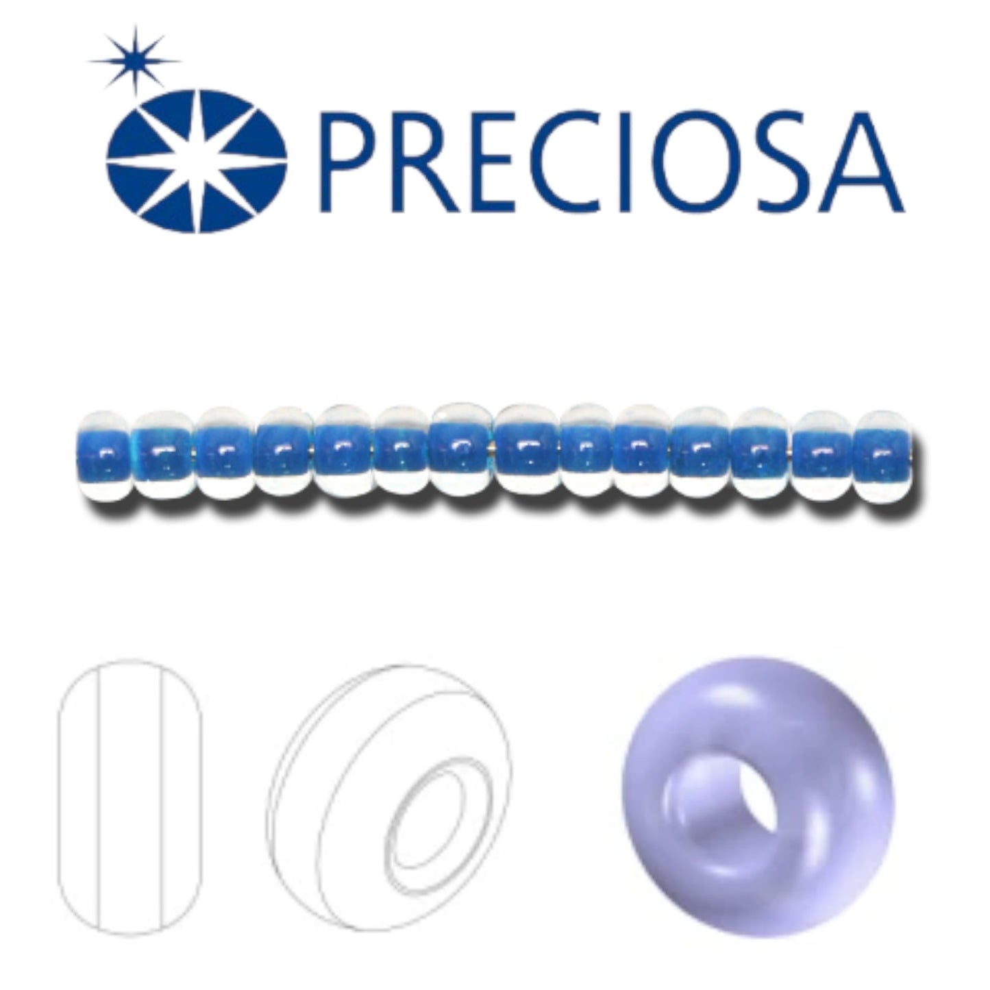 10/0 08A38 Perles de Verre Tchèques Preciosa de Rocaille 2.3mm. Terra Intensiv Lined - Bleu.