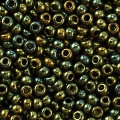 10/0 19155 Preciosa Tjeckiska glaspärlor Rocaillepärlor 2,3 mm. Bronsgrön iris.