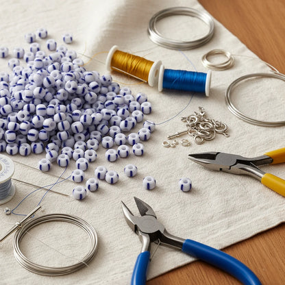 2/0 03330 Preciosa Чешский стеклянный бисер Рокайль 6.1mm. Синие полосы на мелово-белом фоне.