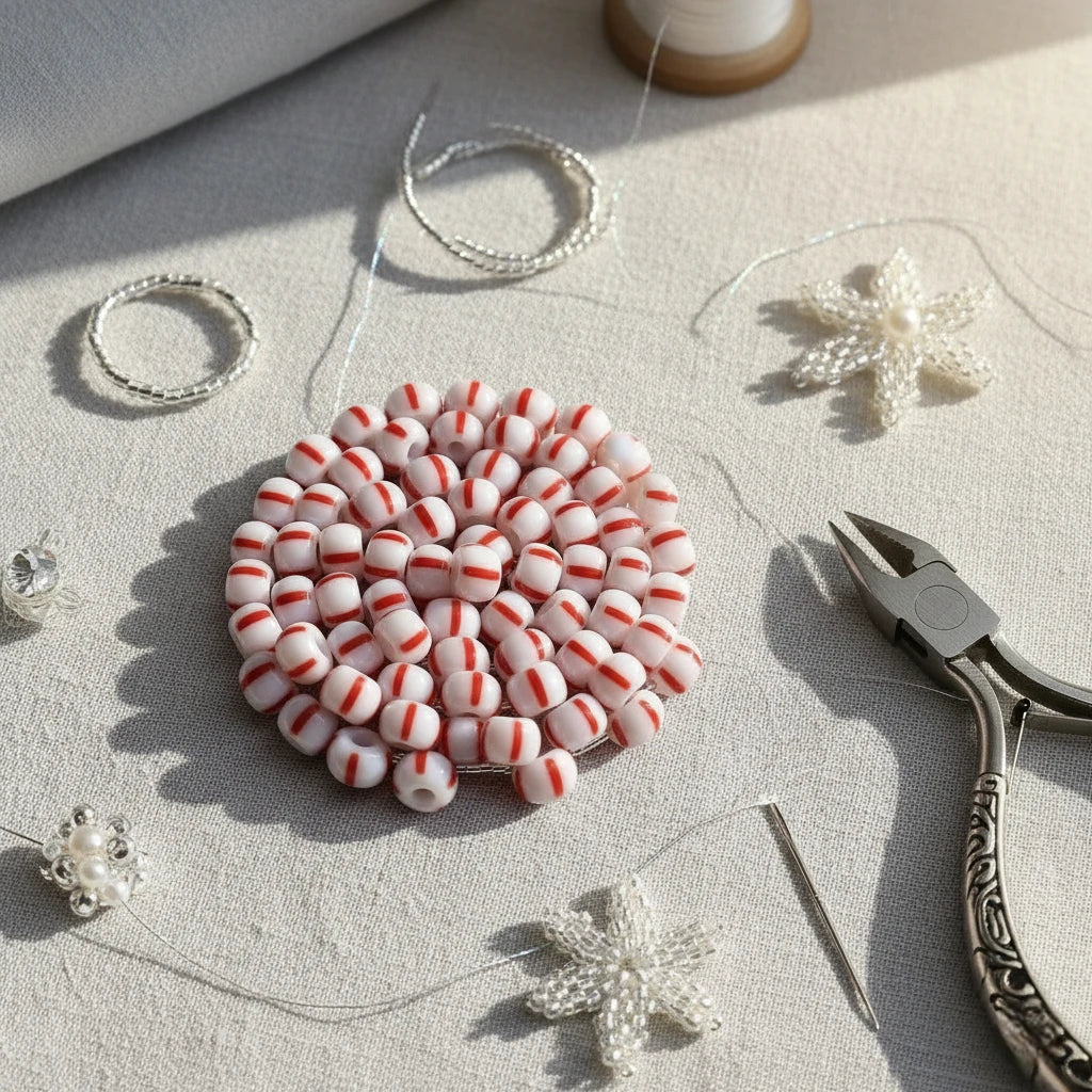 2/0 03890 Preciosa Cseh Üveg Magtartalmú Gyöngyök (Kásagyöngy) Rocailles 6.1mm. Piros Csíkok Krétafehér Alapon.