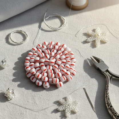 2/0 03890 Preciosa Cseh Üveg Magtartalmú Gyöngyök (Kásagyöngy) Rocailles 6.1mm. Piros Csíkok Krétafehér Alapon.