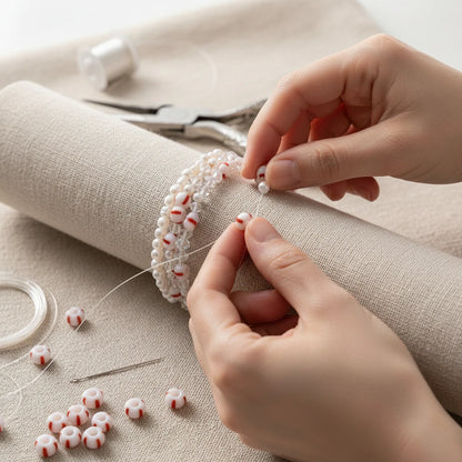 2/0 03890 Preciosa Cseh Üveg Magtartalmú Gyöngyök (Kásagyöngy) Rocailles 6.1mm. Piros Csíkok Krétafehér Alapon.