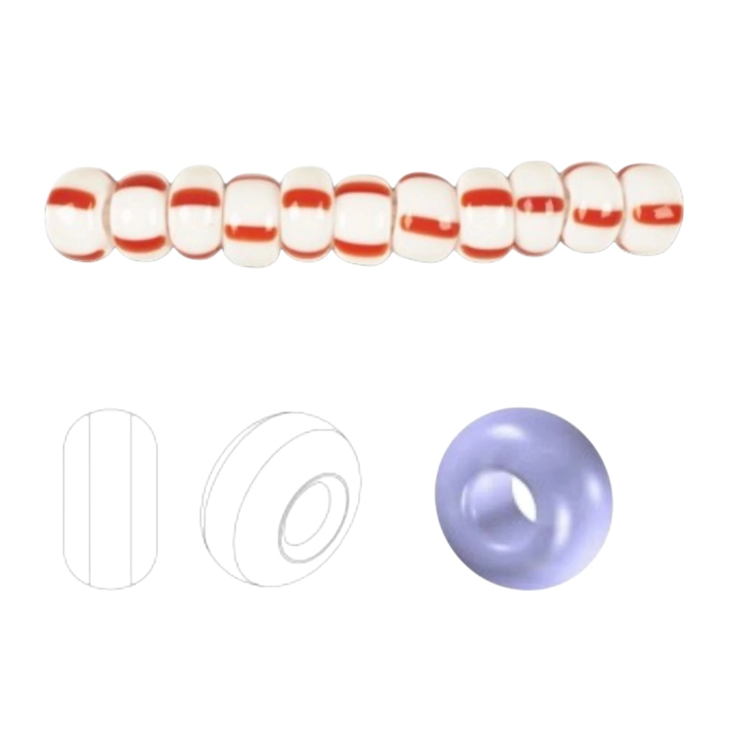 2/0 03890 Preciosa Cseh Üveg Magtartalmú Gyöngyök (Kásagyöngy) Rocailles 6.1mm. Piros Csíkok Krétafehér Alapon.