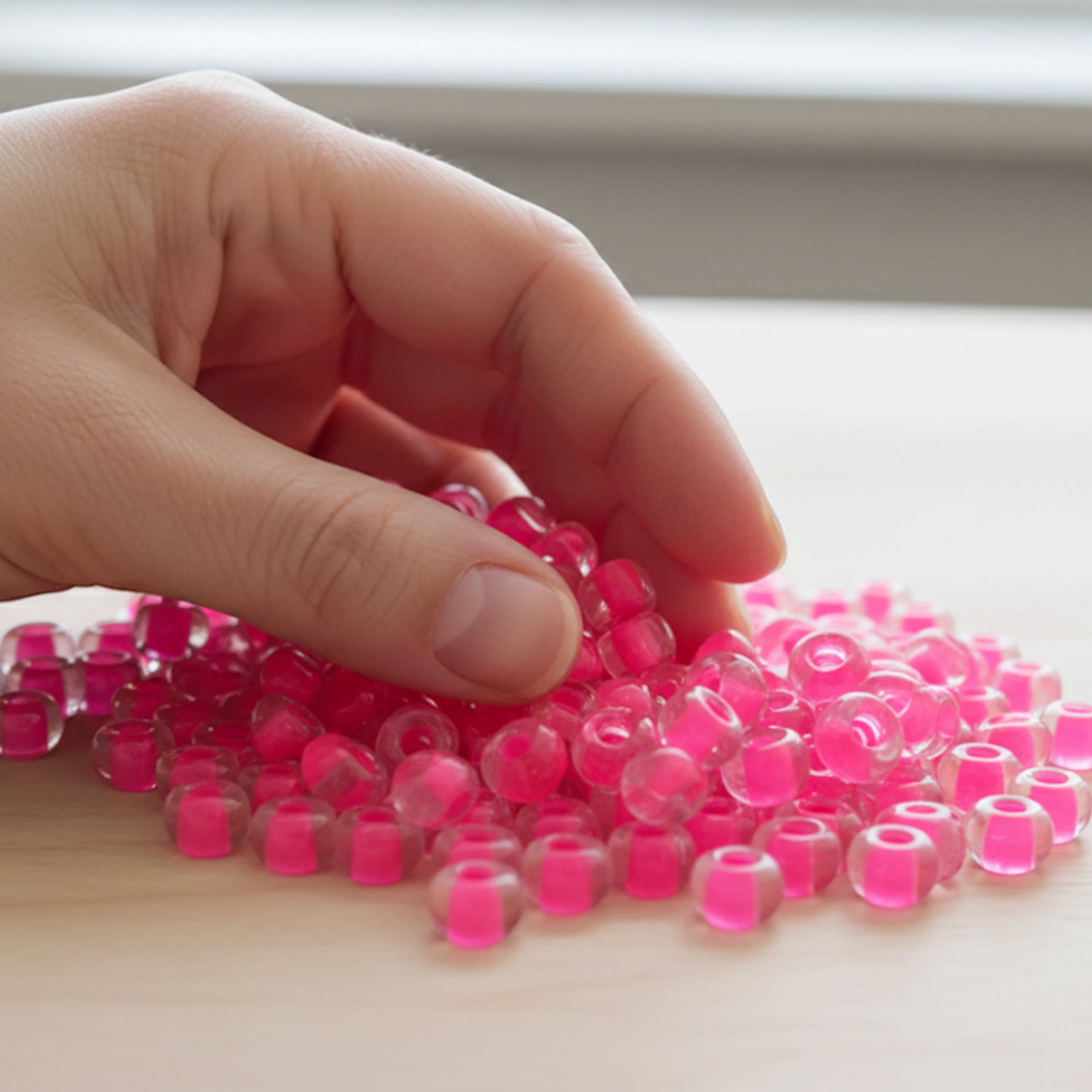 2/0 08777 Preciosa Çek Cam Kum Boncuğu Rocaille Boncuk 6.1mm. Neon Pembe Çizgili.