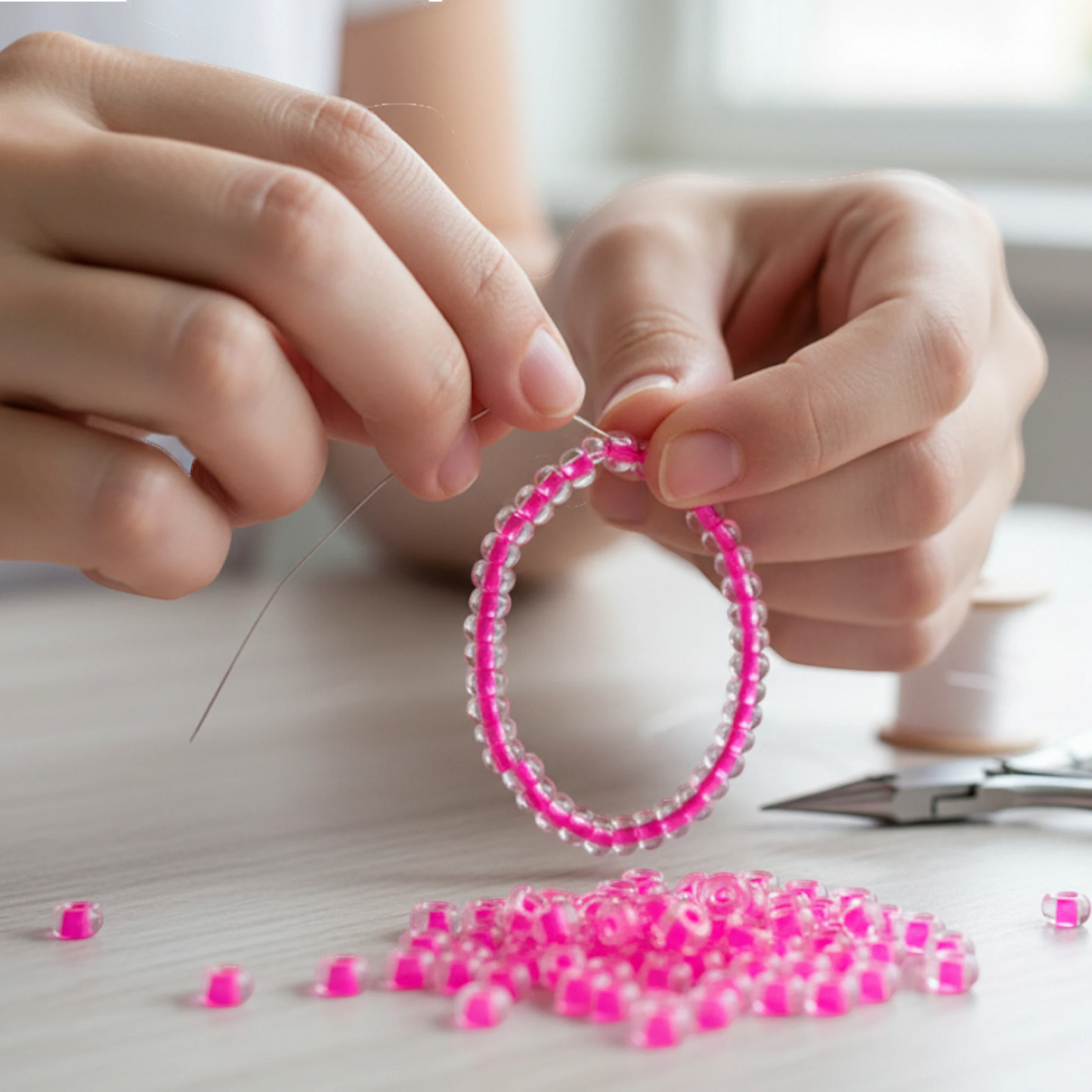 2/0 08777 Preciosa Çek Cam Kum Boncuğu Rocaille Boncuk 6.1mm. Neon Pembe Çizgili.