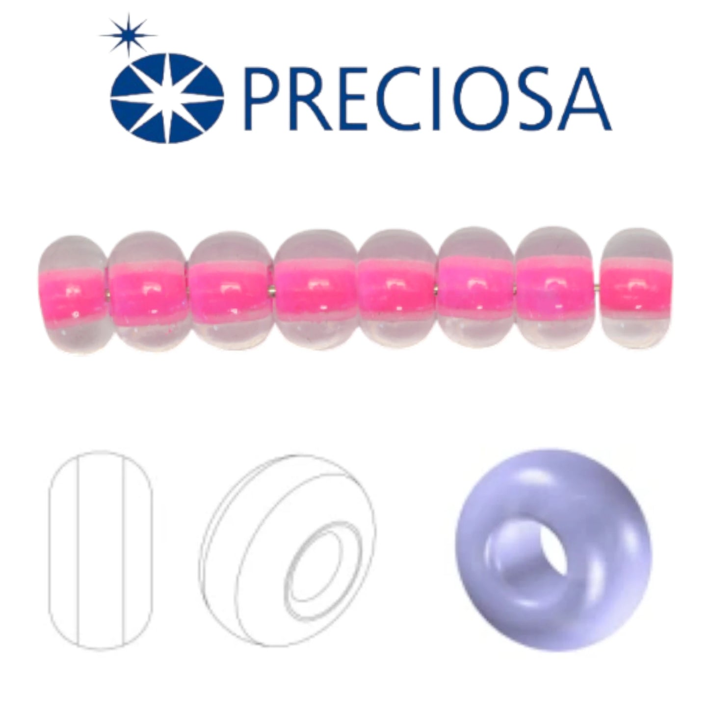 2/0 08777 Preciosa Çek Cam Kum Boncuğu Rocaille Boncuk 6.1mm. Neon Pembe Çizgili.