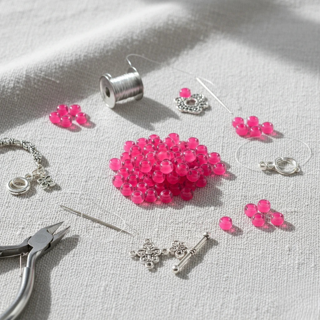 2/0 08777 Preciosa Çek Cam Kum Boncuğu Rocaille Boncuk 6.1mm. Neon Pembe Çizgili.