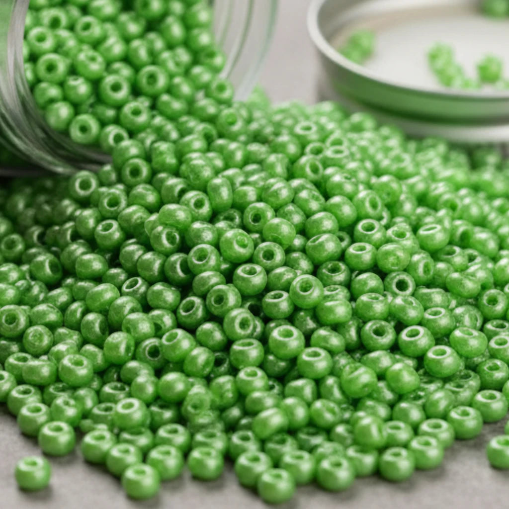 10/0 23530 Preciosa Perles de Rocaille en verre tchèque 2.3mm. Vert néon doux nacré – Blanc craie.