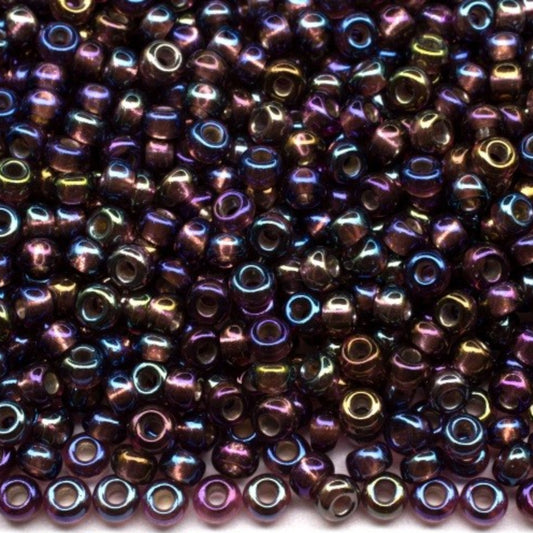 10/0 27069 Preciosa Perline di vetro ceche Rocaille 2.3mm. Ametista trasparente con fodera argentata, arcobaleno.
