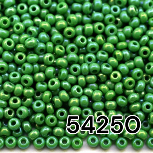 10/0 54250 Preciosa Seed Beads. Opaque rainbow green.