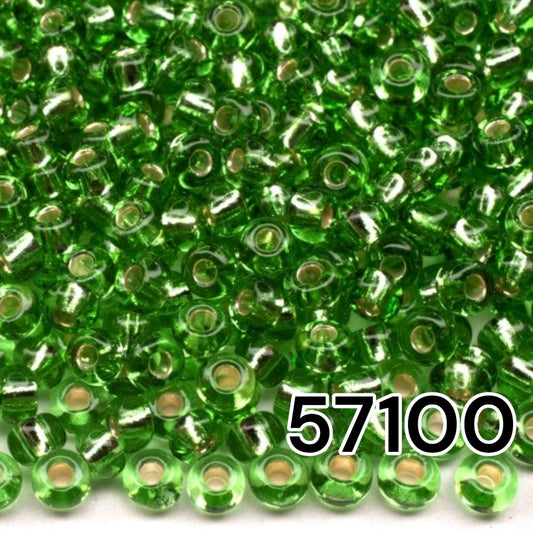 10/0 57100 Perles de graines Preciosa. Vert transparent doublé argent.
