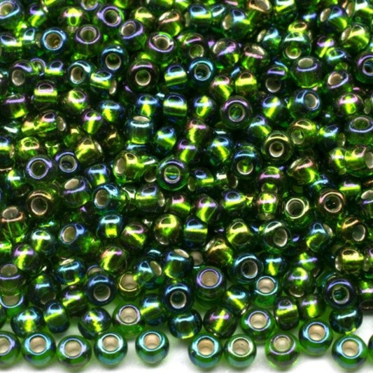 10/0 57129 Preciosa Czech Glass Seed Beads Rocailles 2.3mm. Green Transparent Silver Lined, Rainbow.