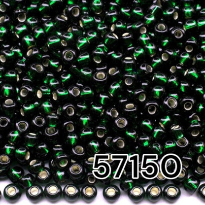 10/0 57150 Preciosa Seed Beads. Green transparent Silver lined.