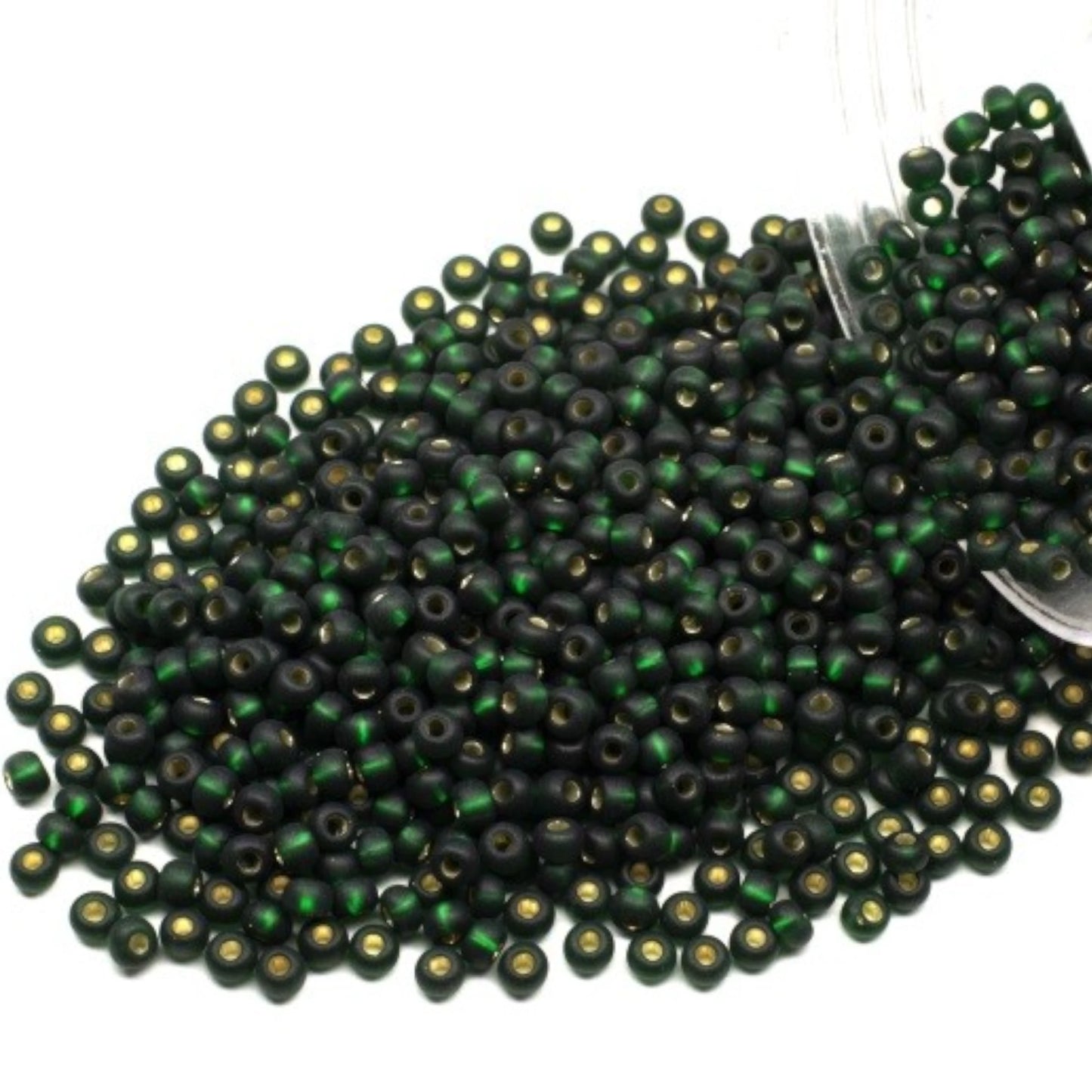 10/0 57150matte Preciosa Seed Beads. Green transparent Silver lined.