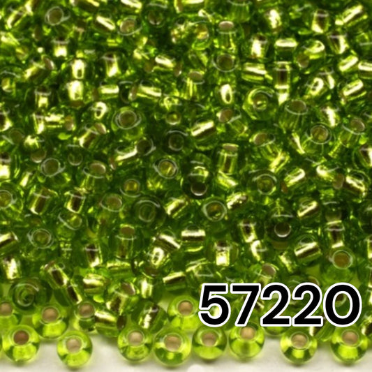 10/0 57220 Perles de graines Preciosa. Vert transparent doublé argent.