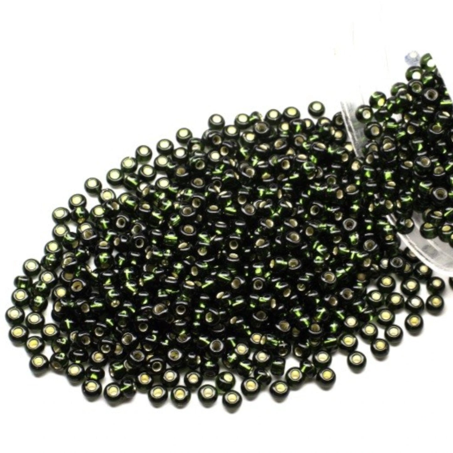 10/0 57290 Preciosa Seed Beads. Green transparent Silver lined.