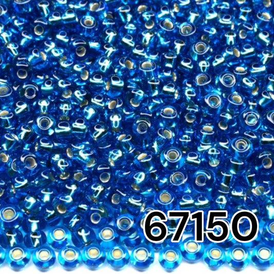 10/0 67150 Perles de graines Preciosa. Bleu transparent doublé argent.