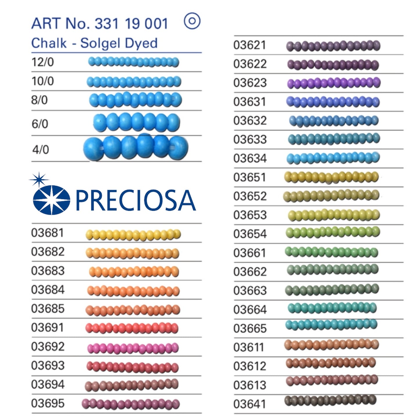 03631 Rocailles tchèques PRECIOSA rondes 10/0 bleu clair. Craie - Teinte Solgel.