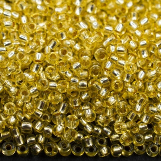 10/0 78151 Preciosa Czech Glass Seed Beads Rocailles 2.3mm. Green Yellow 2 dyed Crystal, Silver Lined.
