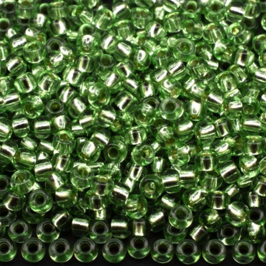 10/0 78161 Preciosa Czech Glass Seed Beads Rocailles 2.3mm. Green 2 dyed Crystal, Silver Lined.