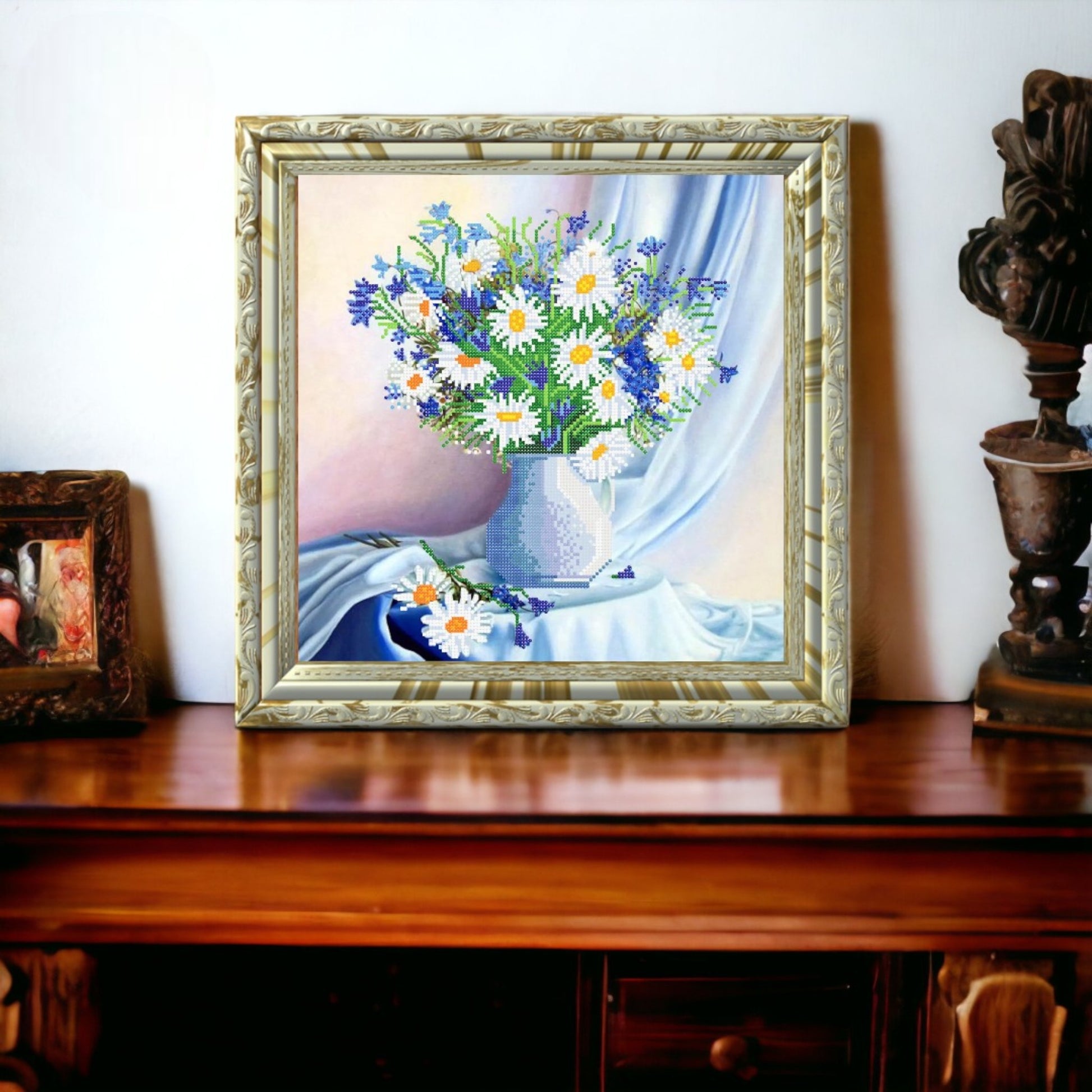 Bead embroidery kit "Daisies in vase". Size: 13.8 - 13.8 in (35 - 35 cm) - VadymShop