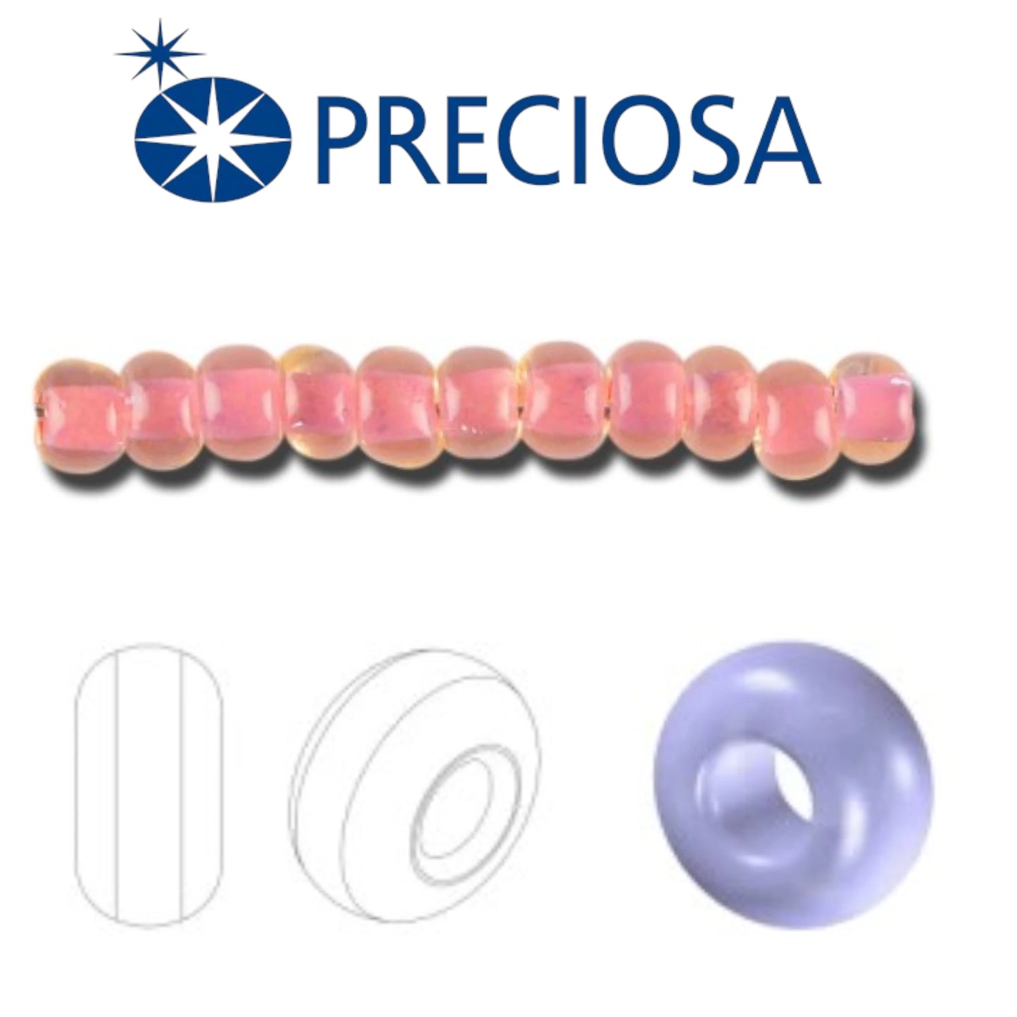 10/0 80827 Preciosa Czech Glass Koraliki Rocailles 2.3mm. Kryształ Terra Pink Lined.