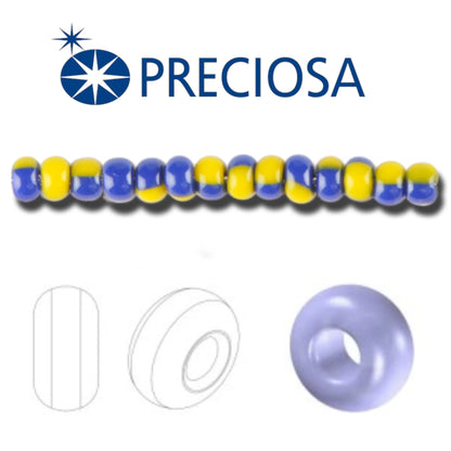 10/0 83730 Preciosa tšekkiläiset lasisiemenhelmet rokaanihelmet 2.3mm. Sininen keltainen raidallinen.