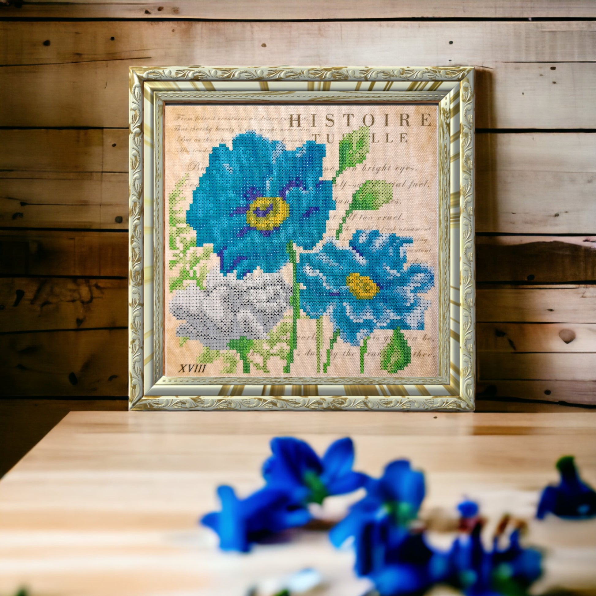DIY Bead embroidery kit "Blue Flowers''. Size: 6.7-6.7 in (17-17cm) - VadymShop