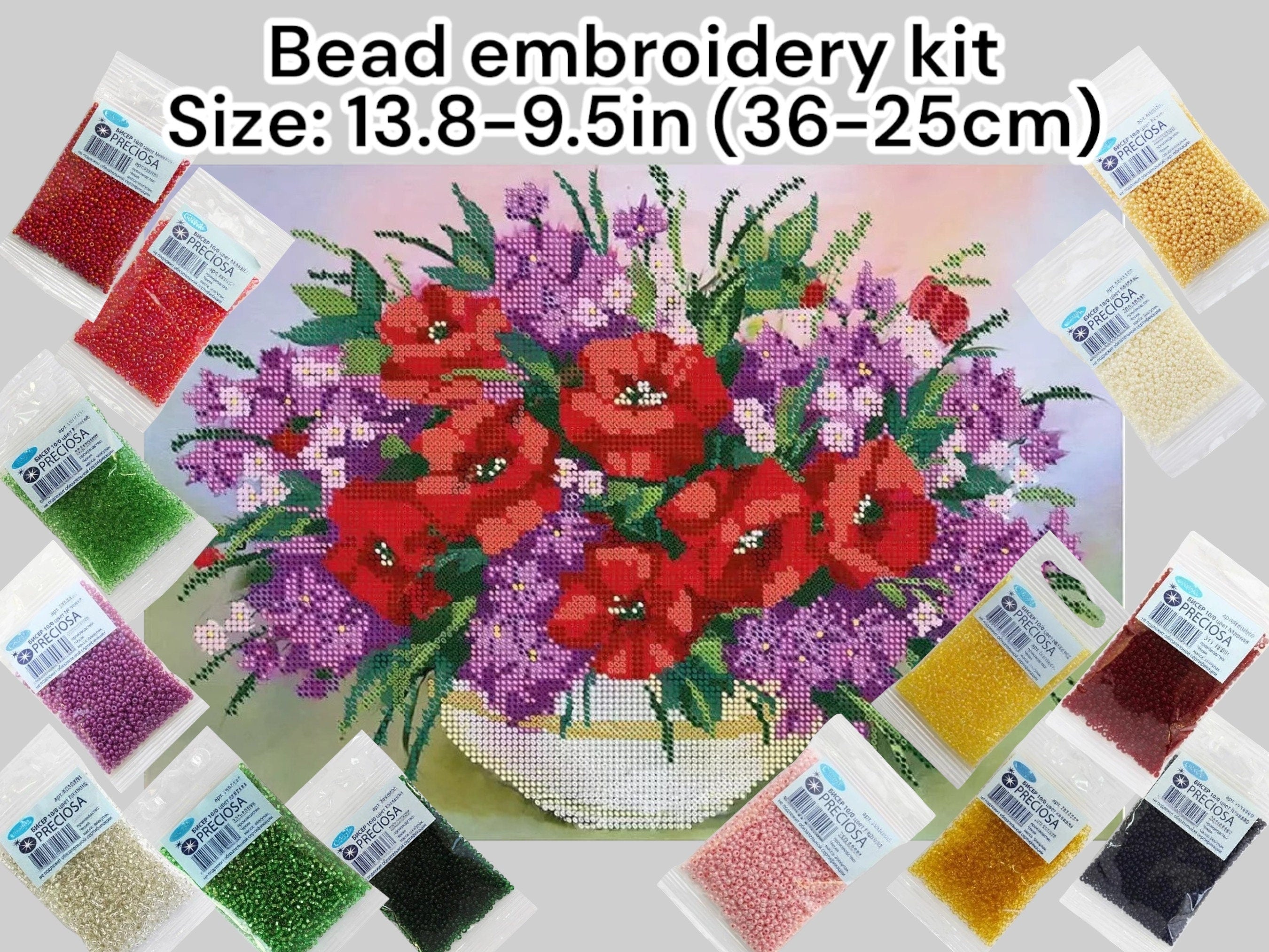 Large DIY bead embroidery hotsell kit Poppies floral pattern, Flowers Beaded cross stitch picture kit