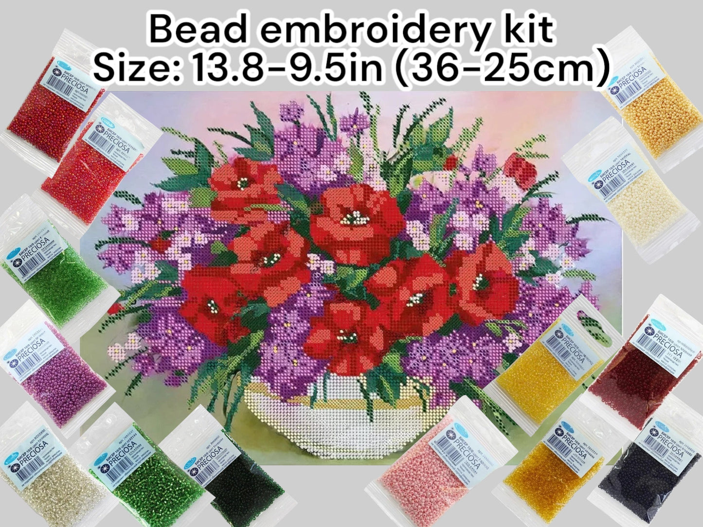 Vibrant Poppy Blooms: DIY Bead Embroidery Kit for Stunning Home Decor Size: 13.8-9.5in (36-25cm) - VadymShop