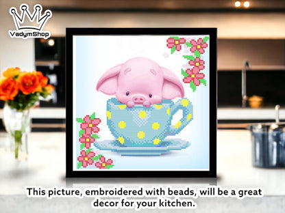 DIY Bead embroidery kit  "Piglet in a cup". - VadymShop