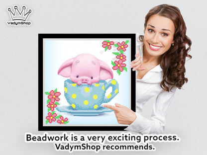 DIY Bead embroidery kit  "Piglet in a cup". - VadymShop