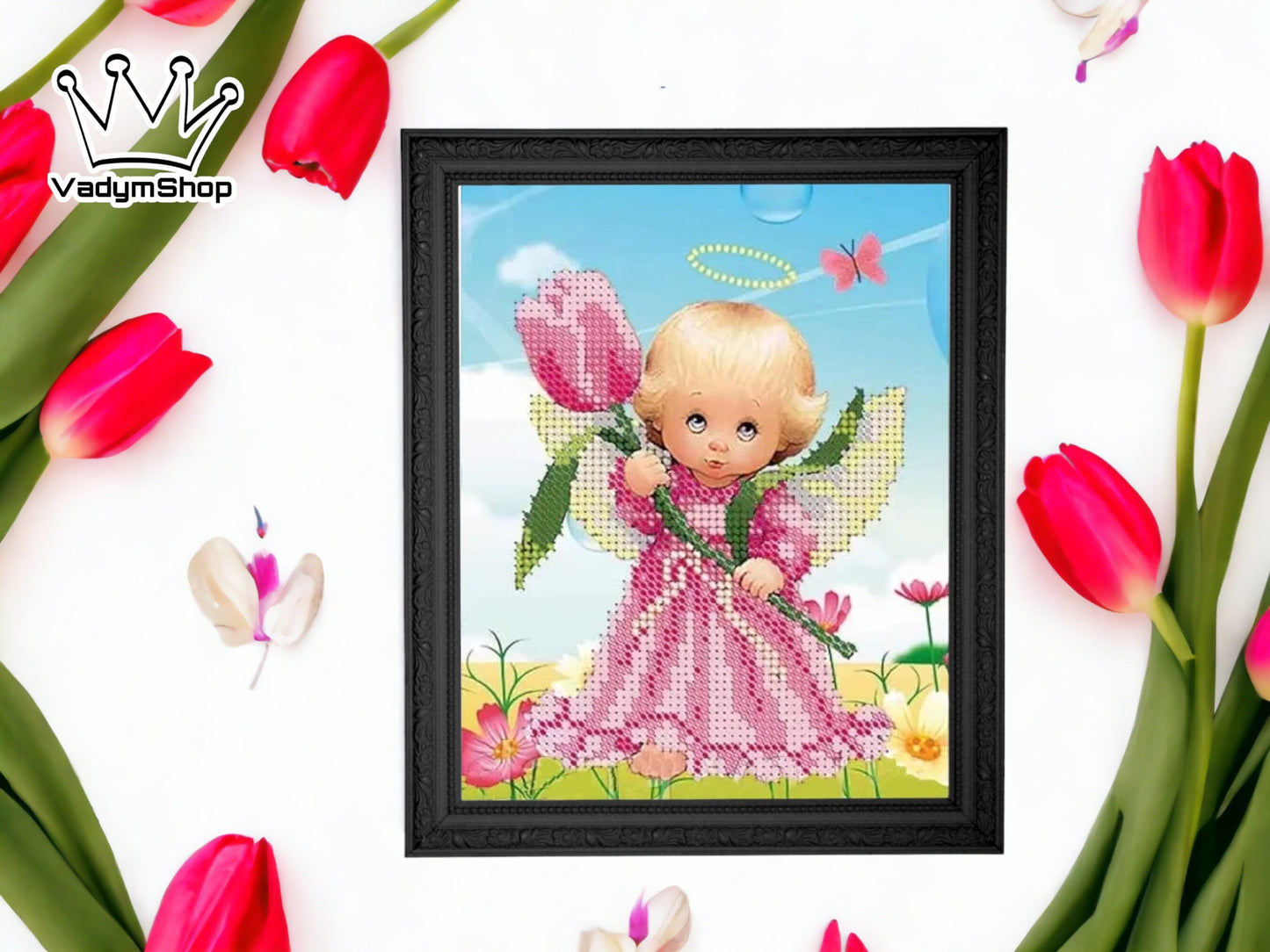 Small Bead embroidery kit "Аngel with tulip". Size: Size: 5.1-7.1 in (13-18cm) - VadymShop