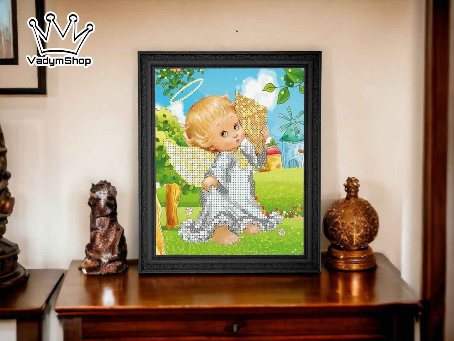 Small Bead embroidery kit "Angel with a shell". Size: 5.5-6.7 in (14-17cm) - VadymShop