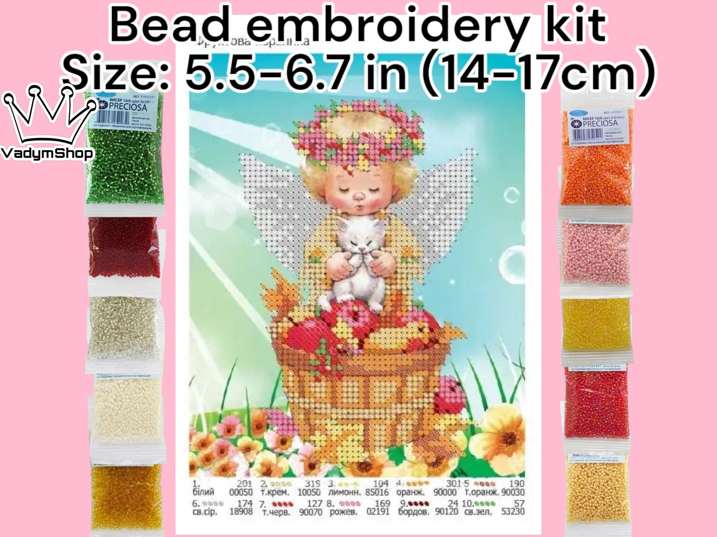 Small Bead embroidery kit "Angel with fruits". Size: 5.5-6.7 in (14-17cm) - VadymShop