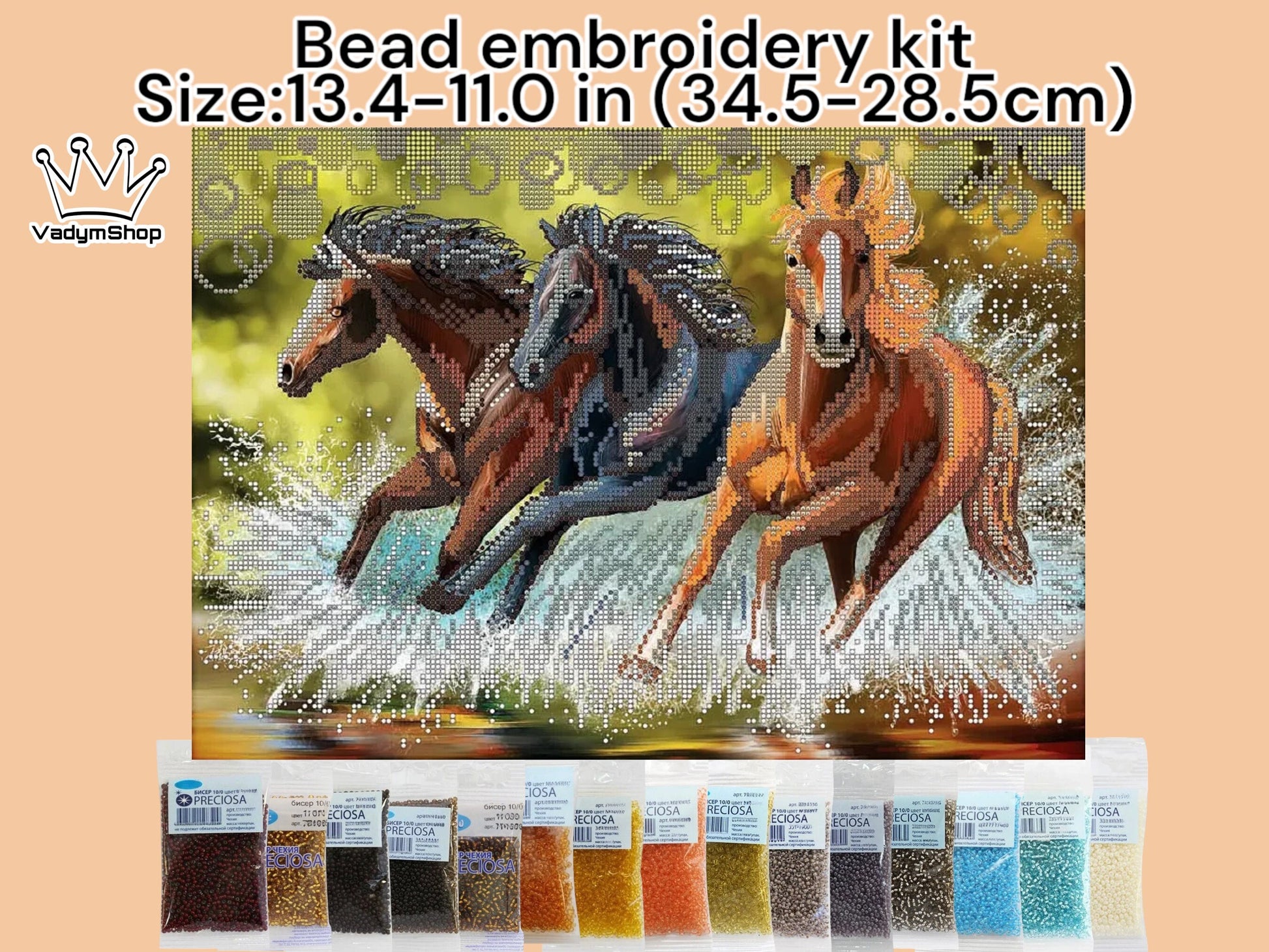 Stunning DIY Bead Embroidery Kit - Horses Mustangs Design Size: 13.4-11.0 in (34.5-28.5cm) - VadymShop