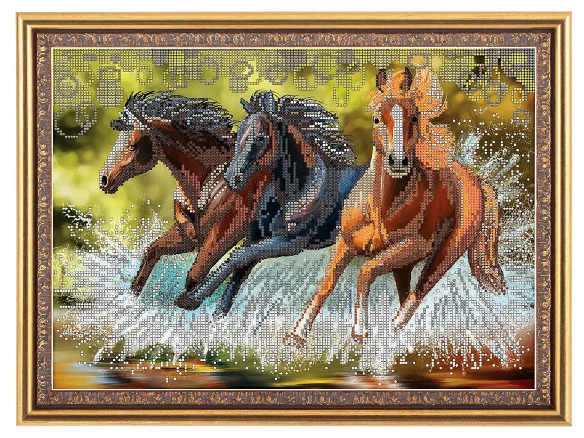 Stunning DIY Bead Embroidery Kit - Horses Mustangs Design Size: 13.4-11.0 in (34.5-28.5cm) - VadymShop