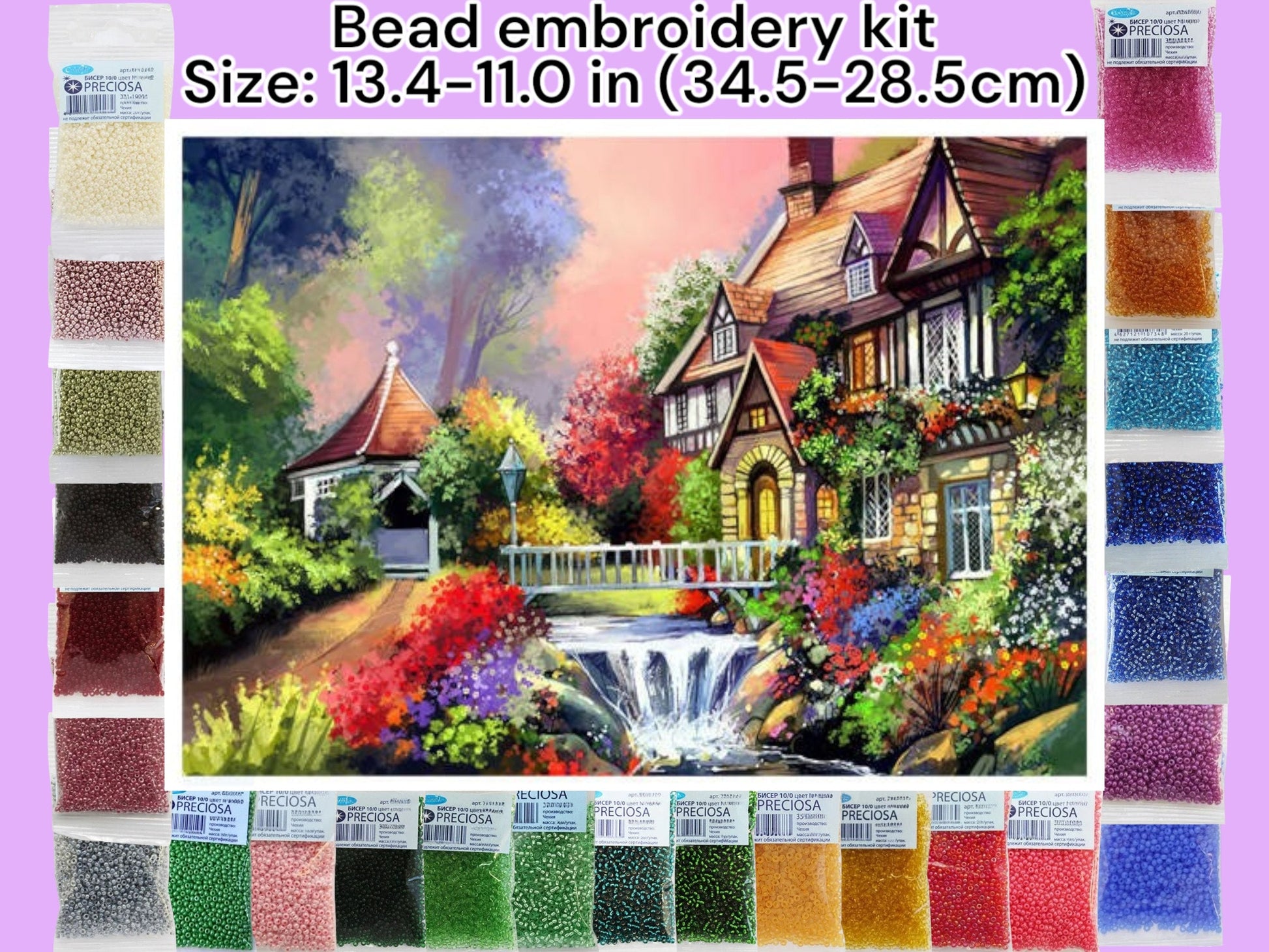 DIY Bead embroidery kit "House by the river". Size: 13.4-11.0 in (34.5-28.5cm) - VadymShop