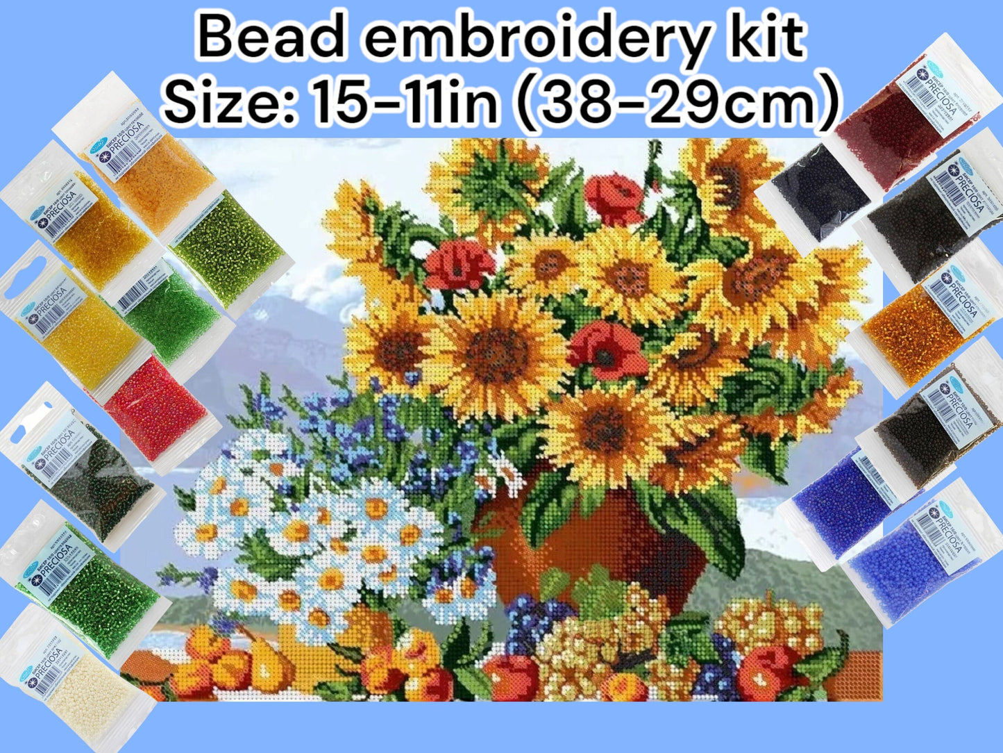 Sunflowers and Daisies DIY Bead Embroidery Kit - Create Your Own Floral Masterpiece! Size: 15-11in (38-29cm) - VadymShop