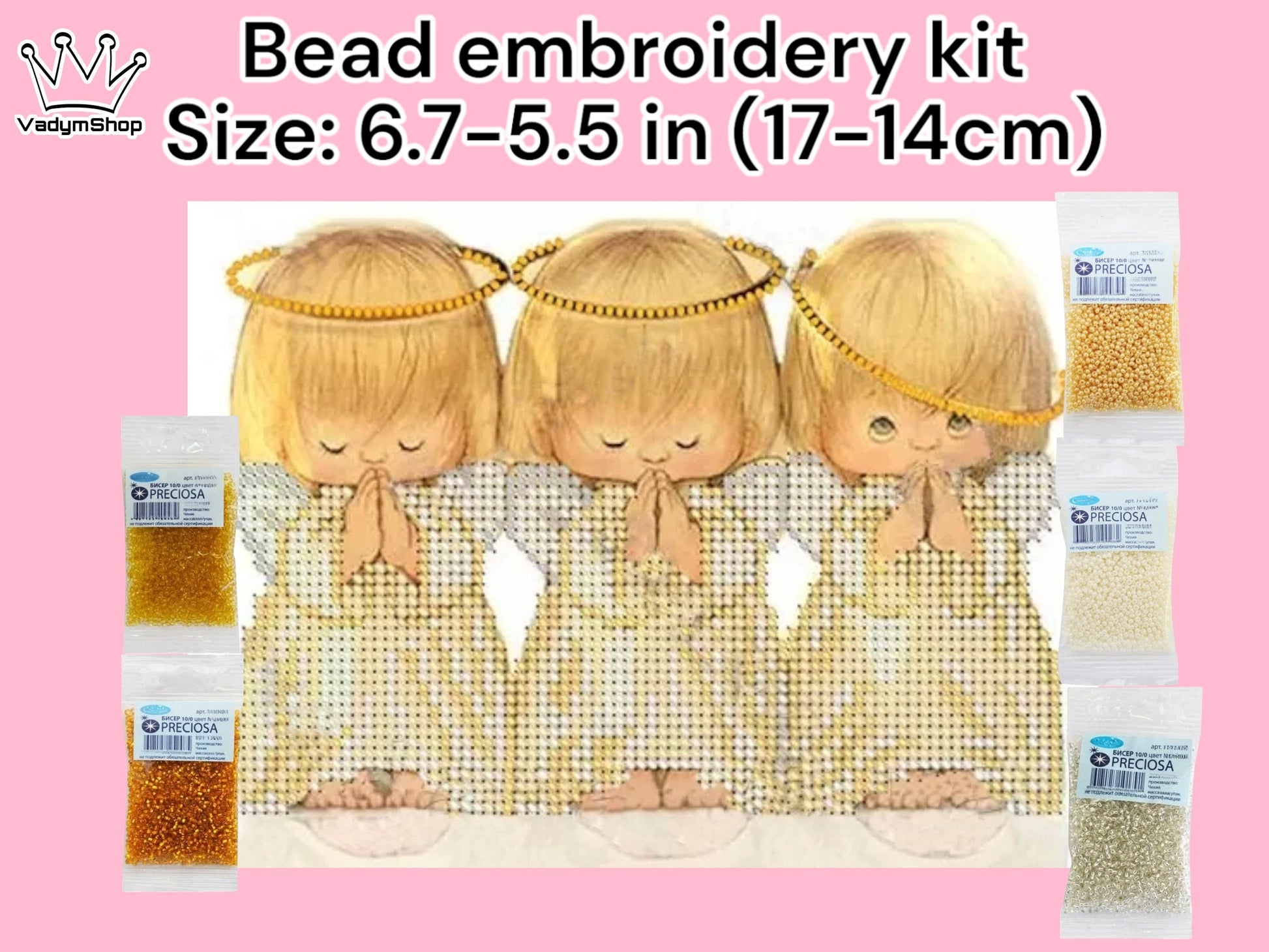 Small Bead embroidery kit "Angels". Size: 6.7-5.5 in (17-14cm) - VadymShop