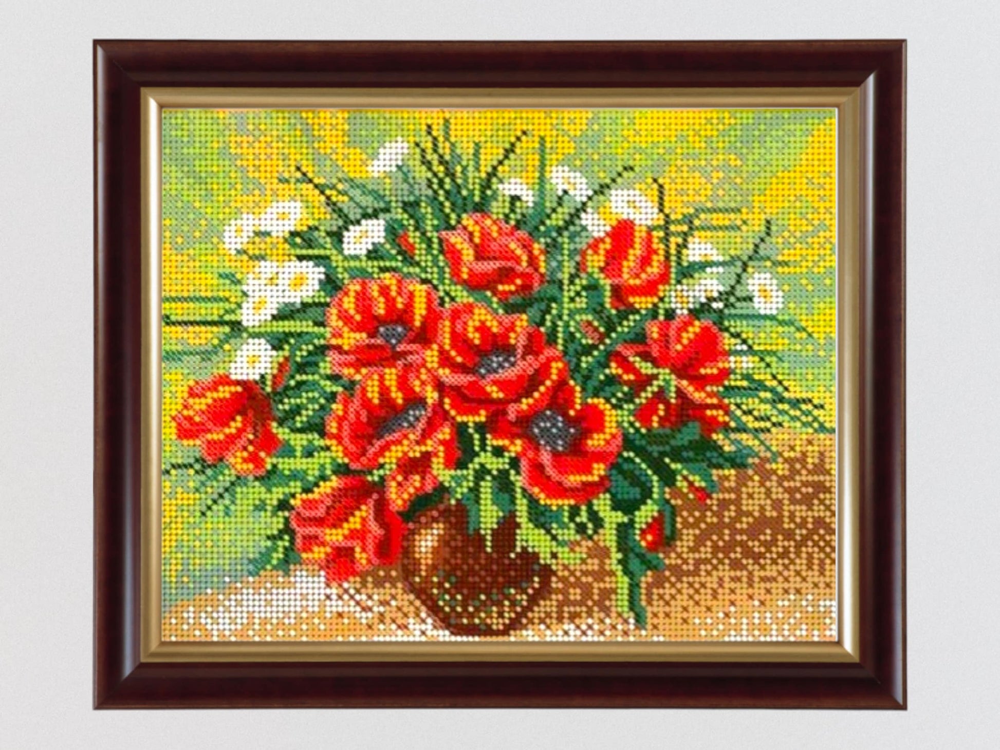 DIY Bead Embroidery Kit: Handcrafted Flowers, Poppies, and Chamomile Design Size: 10.2-7.9 in (26.5-20.2cm) - VadymShop