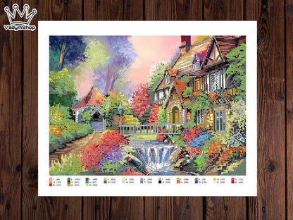 DIY Bead embroidery kit "House by the river". Size: 13.4-11.0 in (34.5-28.5cm) - VadymShop