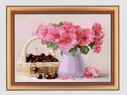 Bead embroidery kit ''Bouquet flowers and  cherry'' size: 13.8-9.8in (35-25cm) - VadymShop