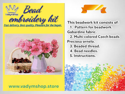 Bead embroidery kit ''Bouquet flowers and  cherry'' size: 13.8-9.8in (35-25cm) - VadymShop