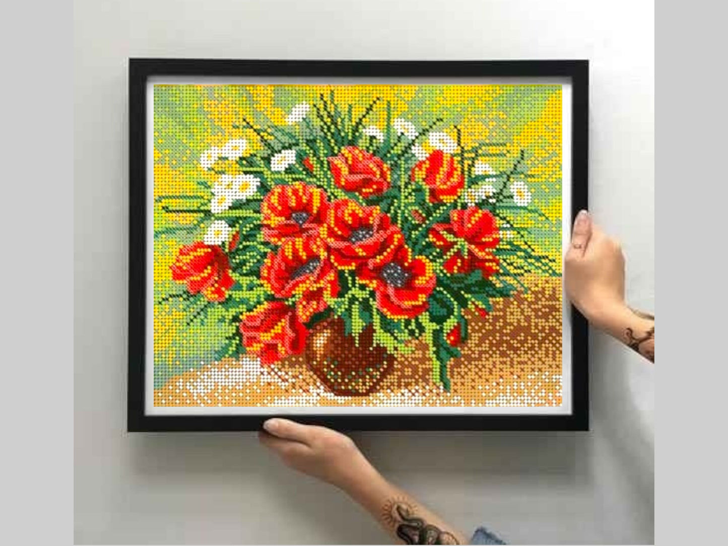 DIY Bead Embroidery Kit: Handcrafted Flowers, Poppies, and Chamomile Design Size: 10.2-7.9 in (26.5-20.2cm) - VadymShop