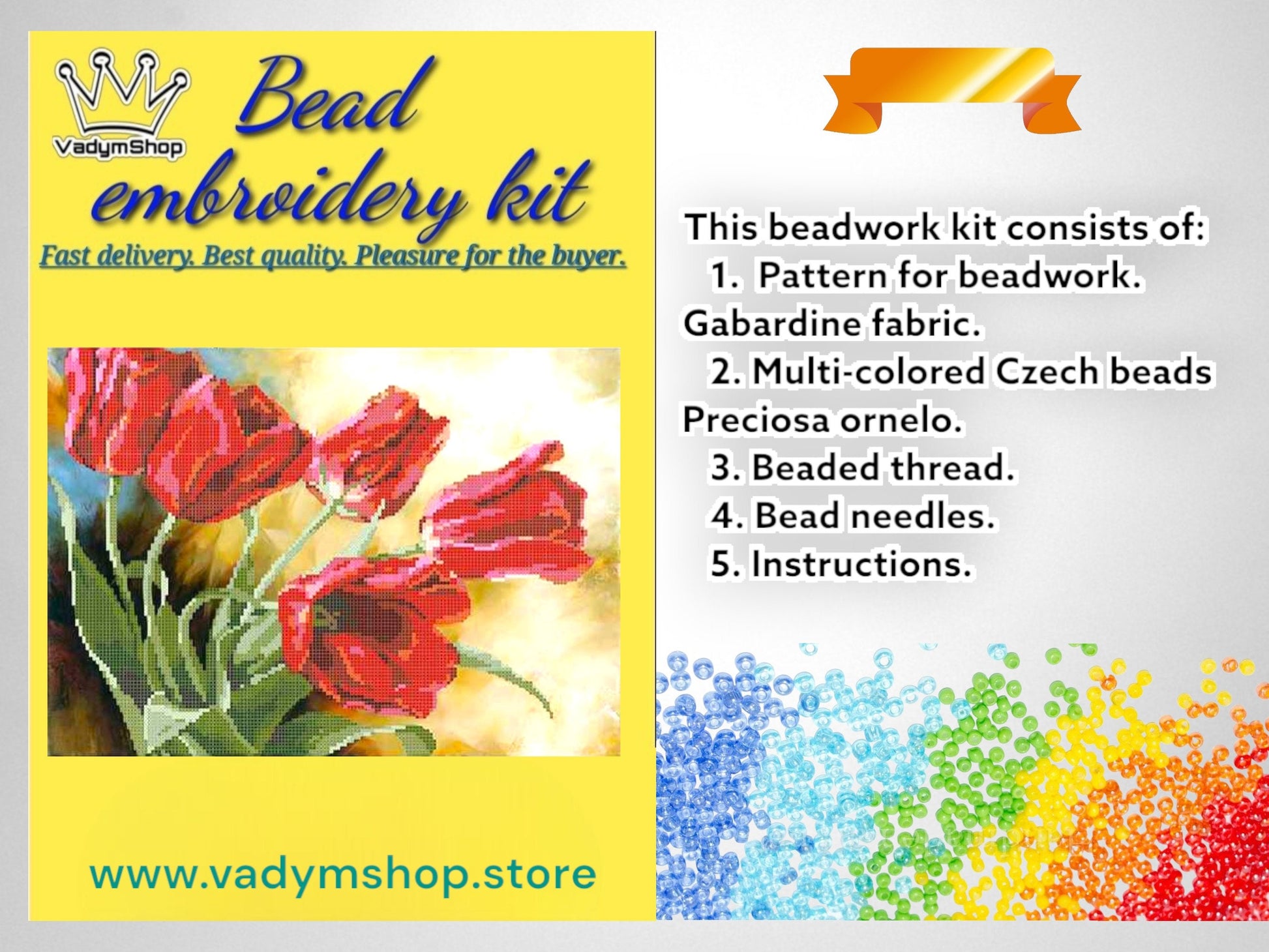 Tulip Blossom DIY Bead Embroidery Kit - Create Stunning Floral Art. Size: 13.8-9.8in (35-25cm). - VadymShop