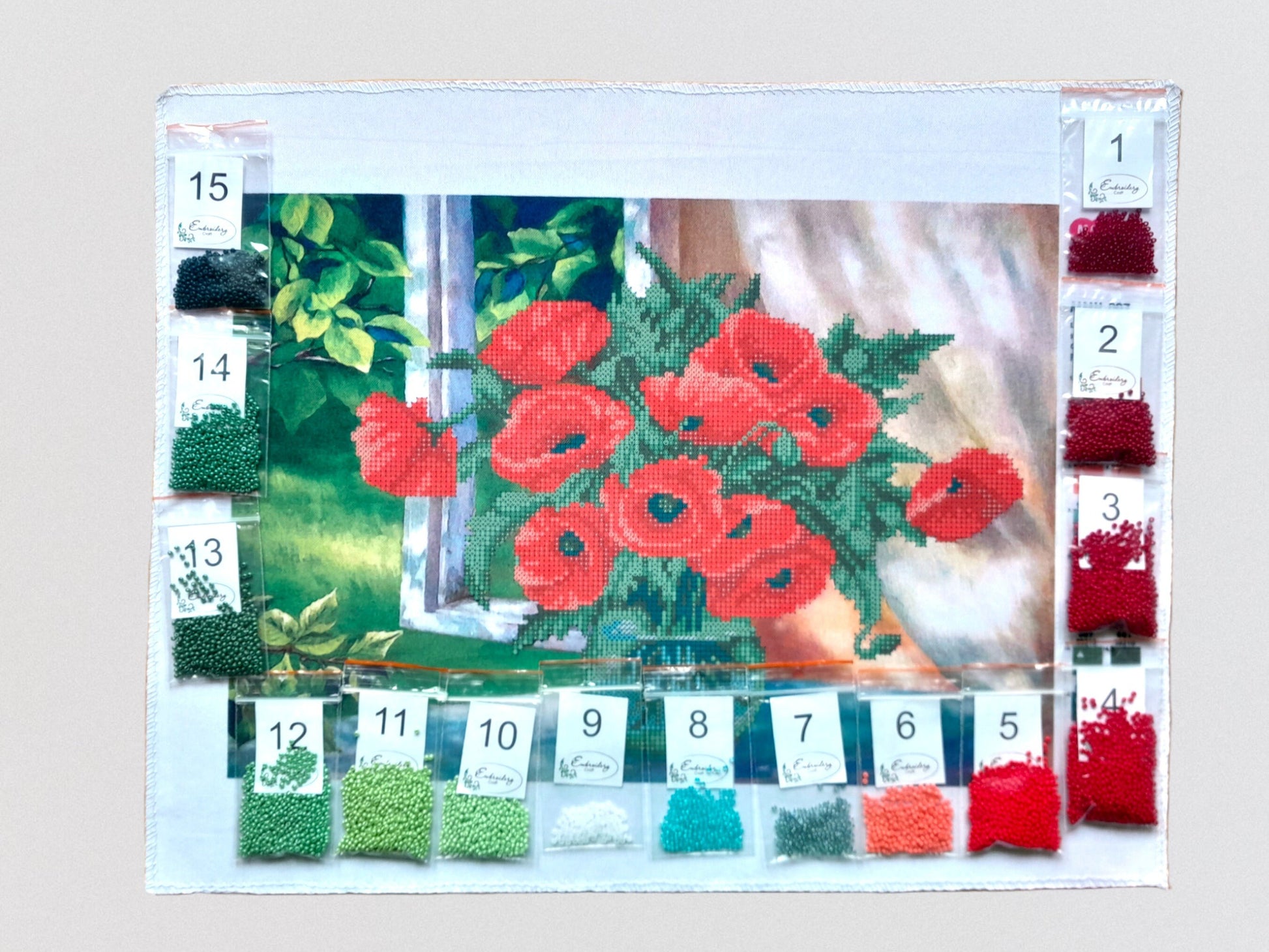 Bead embroidery kit ''Red poppies'' size: 13.8-9.8in (35-25cm) - VadymShop